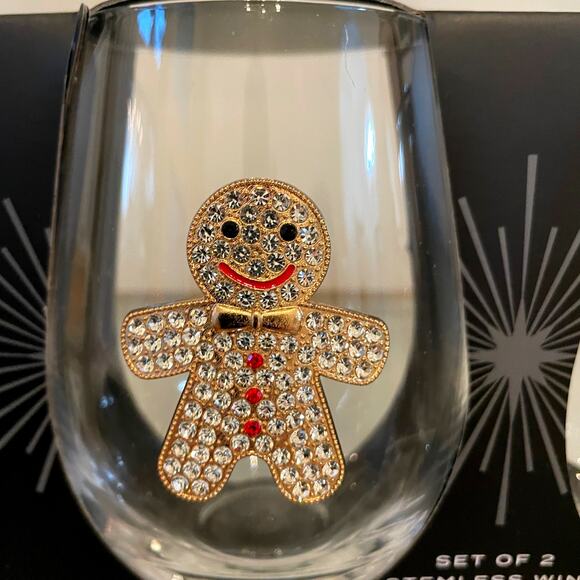 Christmas Jeweled GINGERBREAD Stemless Wine Glass Set of 2 Holiday Barware New - Picture 3 of 11